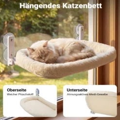 Fudajo Fenster Katzenhängematte 30 x 52 cm beige, Katzenbett Hängematte bis 10 kg, Fensterliege für Katzen platzsparender Schlafplatz mit Saugnäpfen