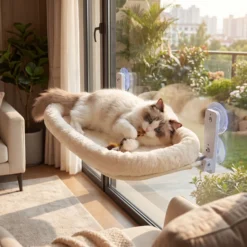 Fudajo Fenster Katzenhängematte 30 x 52 cm beige, Katzenbett Hängematte bis 10 kg, Fensterliege für Katzen platzsparender Schlafplatz mit Saugnäpfen