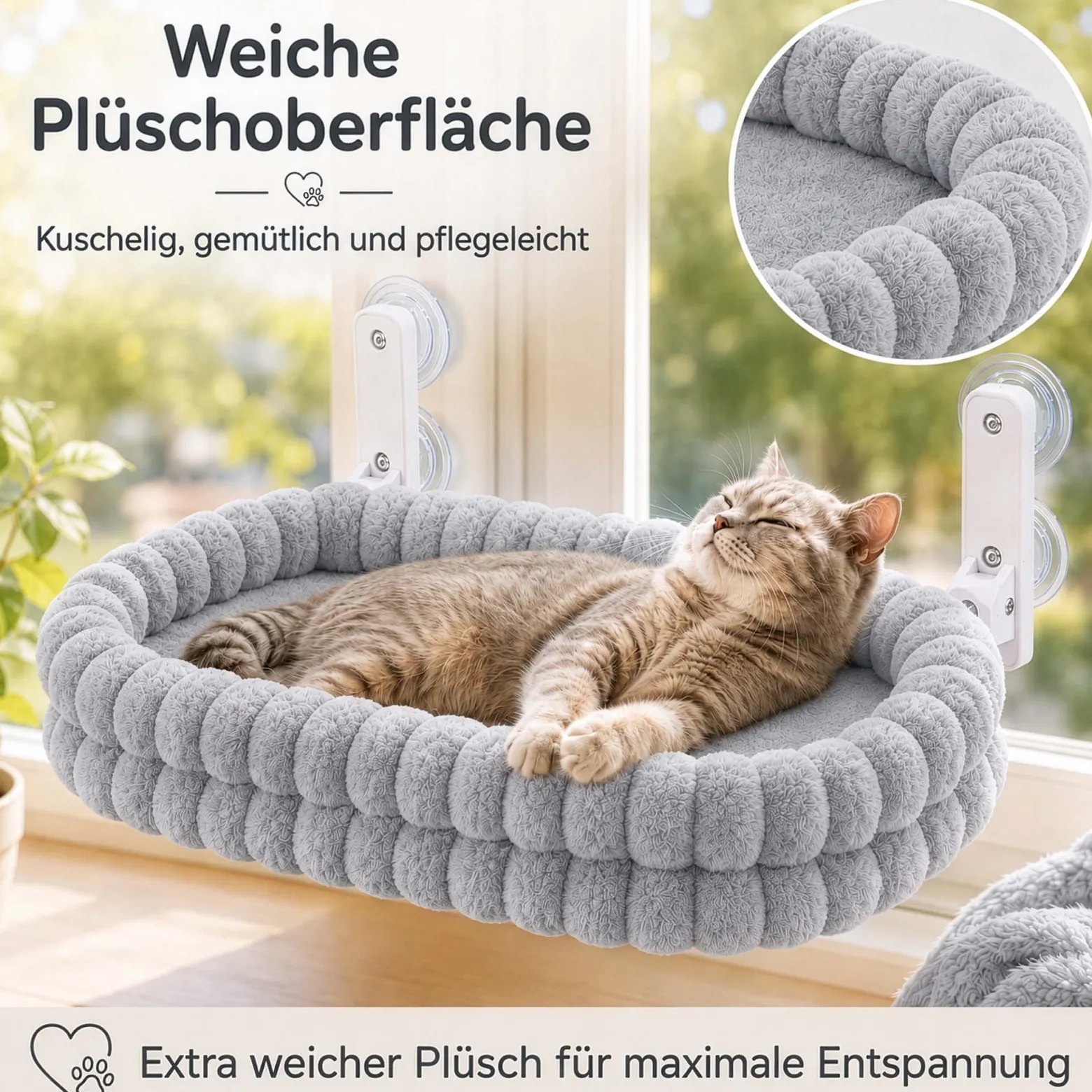 Fudajo Fenster Katzenhängematte 30 x 60 cm hellgrau, Katzenbett Hängematte bis 10 kg, Fensterliege für Katzen platzsparender Schlafplatz mit Saugnäpfen