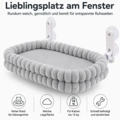 Fudajo Fenster Katzenhängematte 30 x 60 cm hellgrau, Katzenbett Hängematte bis 10 kg, Fensterliege für Katzen platzsparender Schlafplatz mit Saugnäpfen