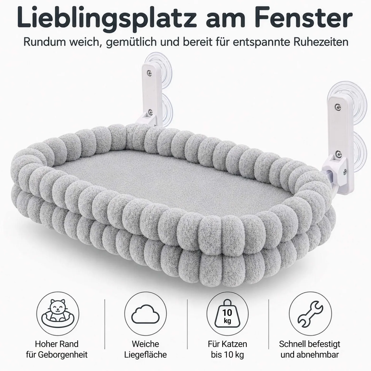 Fudajo Fenster Katzenhängematte 30 x 60 cm hellgrau, Katzenbett Hängematte bis 10 kg, Fensterliege für Katzen platzsparender Schlafplatz mit Saugnäpfen