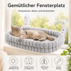 Fudajo Fenster Katzenhängematte 30 x 60 cm hellgrau, Katzenbett Hängematte bis 10 kg, Fensterliege für Katzen platzsparender Schlafplatz mit Saugnäpfen