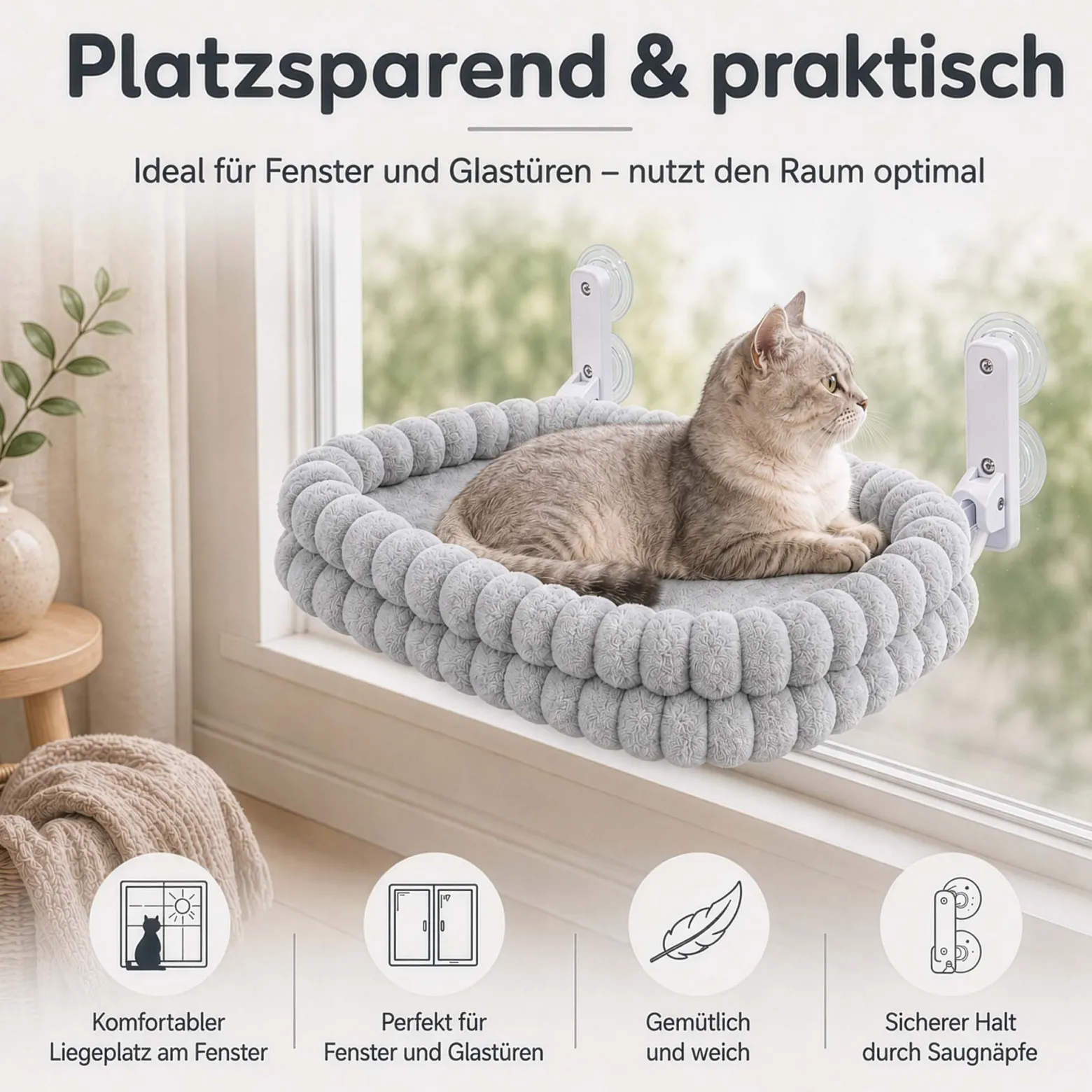 Fudajo Fenster Katzenhängematte 30 x 60 cm hellgrau, Katzenbett Hängematte bis 10 kg, Fensterliege für Katzen platzsparender Schlafplatz mit Saugnäpfen