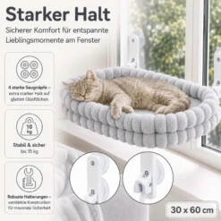 Fudajo Fenster Katzenhängematte 30 x 60 cm hellgrau, Katzenbett Hängematte bis 10 kg, Fensterliege für Katzen platzsparender Schlafplatz mit Saugnäpfen