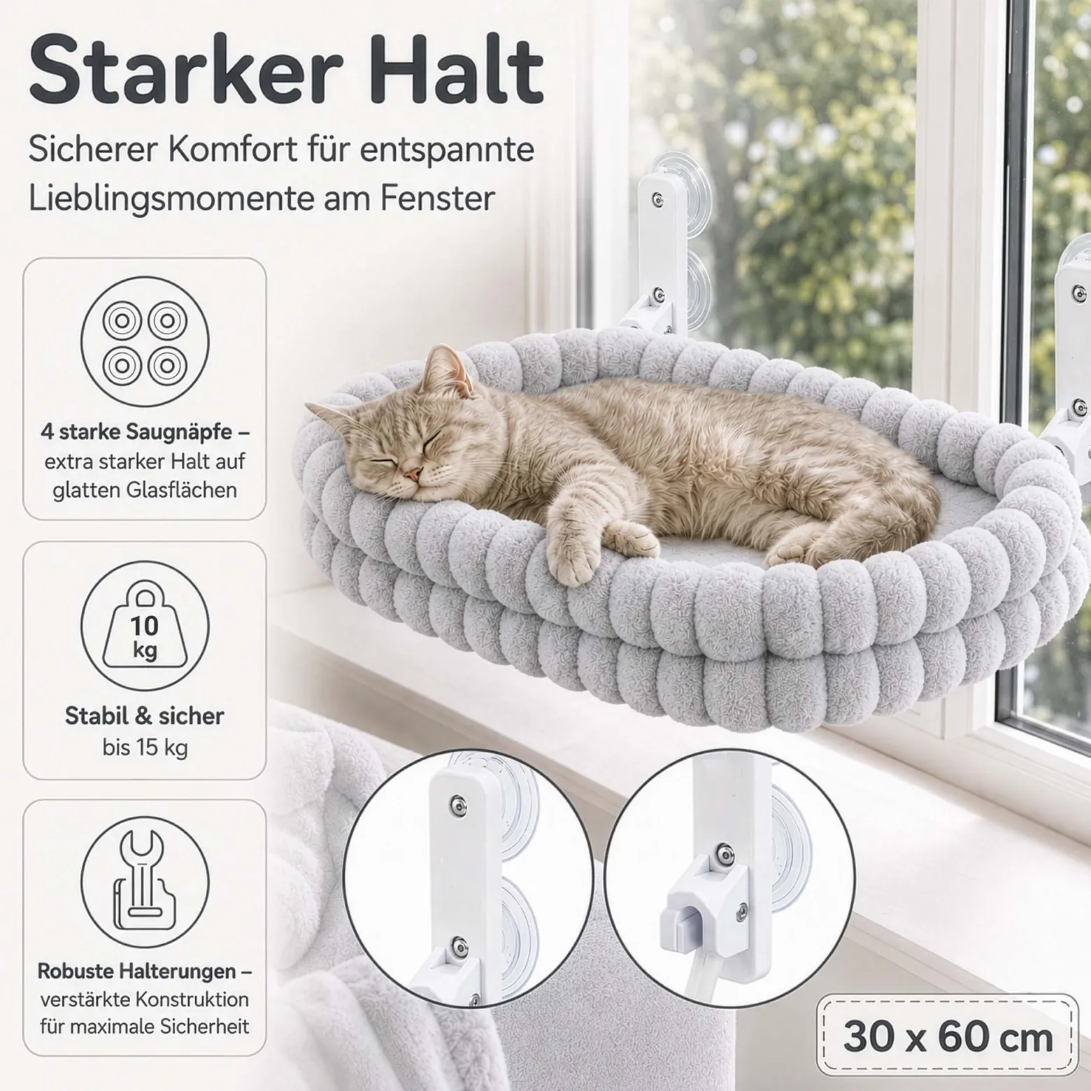 Fudajo Fenster Katzenhängematte 30 x 60 cm hellgrau, Katzenbett Hängematte bis 10 kg, Fensterliege für Katzen platzsparender Schlafplatz mit Saugnäpfen