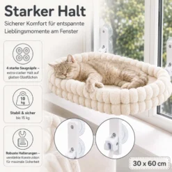 Fudajo Fenster Katzenhängematte 30 x 60 cm beige, Katzenbett Hängematte bis 10 kg, Fensterliege für Katzen platzsparender Schlafplatz mit Saugnäpfen
