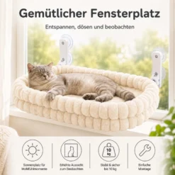 Fudajo Fenster Katzenhängematte 30 x 60 cm beige, Katzenbett Hängematte bis 10 kg, Fensterliege für Katzen platzsparender Schlafplatz mit Saugnäpfen