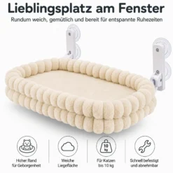 Fudajo Fenster Katzenhängematte 30 x 60 cm beige, Katzenbett Hängematte bis 10 kg, Fensterliege für Katzen platzsparender Schlafplatz mit Saugnäpfen