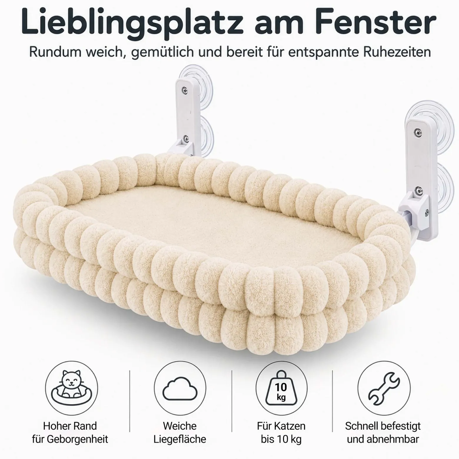 Fudajo Fenster Katzenhängematte 30 x 60 cm beige, Katzenbett Hängematte bis 10 kg, Fensterliege für Katzen platzsparender Schlafplatz mit Saugnäpfen