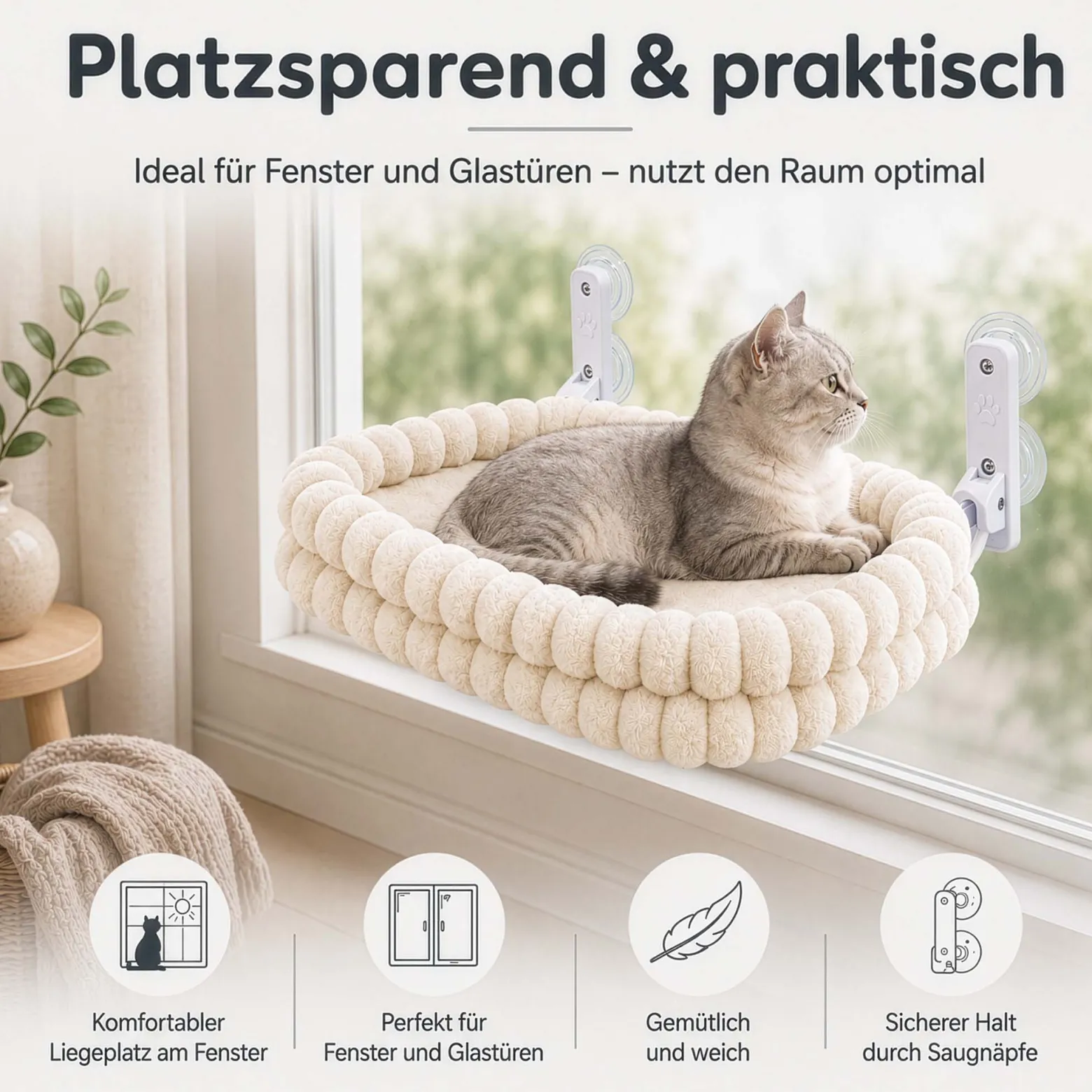 Fudajo Fenster Katzenhängematte 30 x 60 cm beige, Katzenbett Hängematte bis 10 kg, Fensterliege für Katzen platzsparender Schlafplatz mit Saugnäpfen