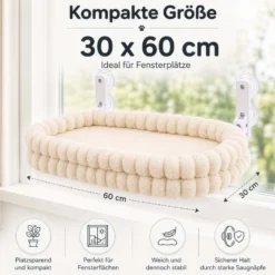 Fudajo Fenster Katzenhängematte 30 x 60 cm beige, Katzenbett Hängematte bis 10 kg, Fensterliege für Katzen platzsparender Schlafplatz mit Saugnäpfen