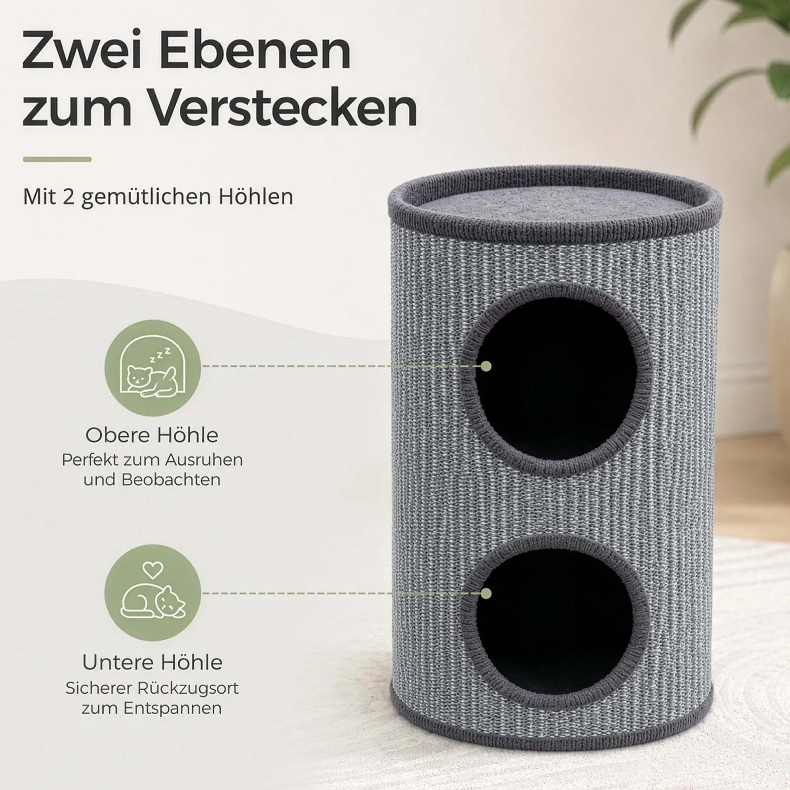 Fudajo Forest Kratztonne gelb-cremefarben Höhe 106 cm Ø 40 cm inkl. Kissen, Katzentonne mit 3 Eingängen