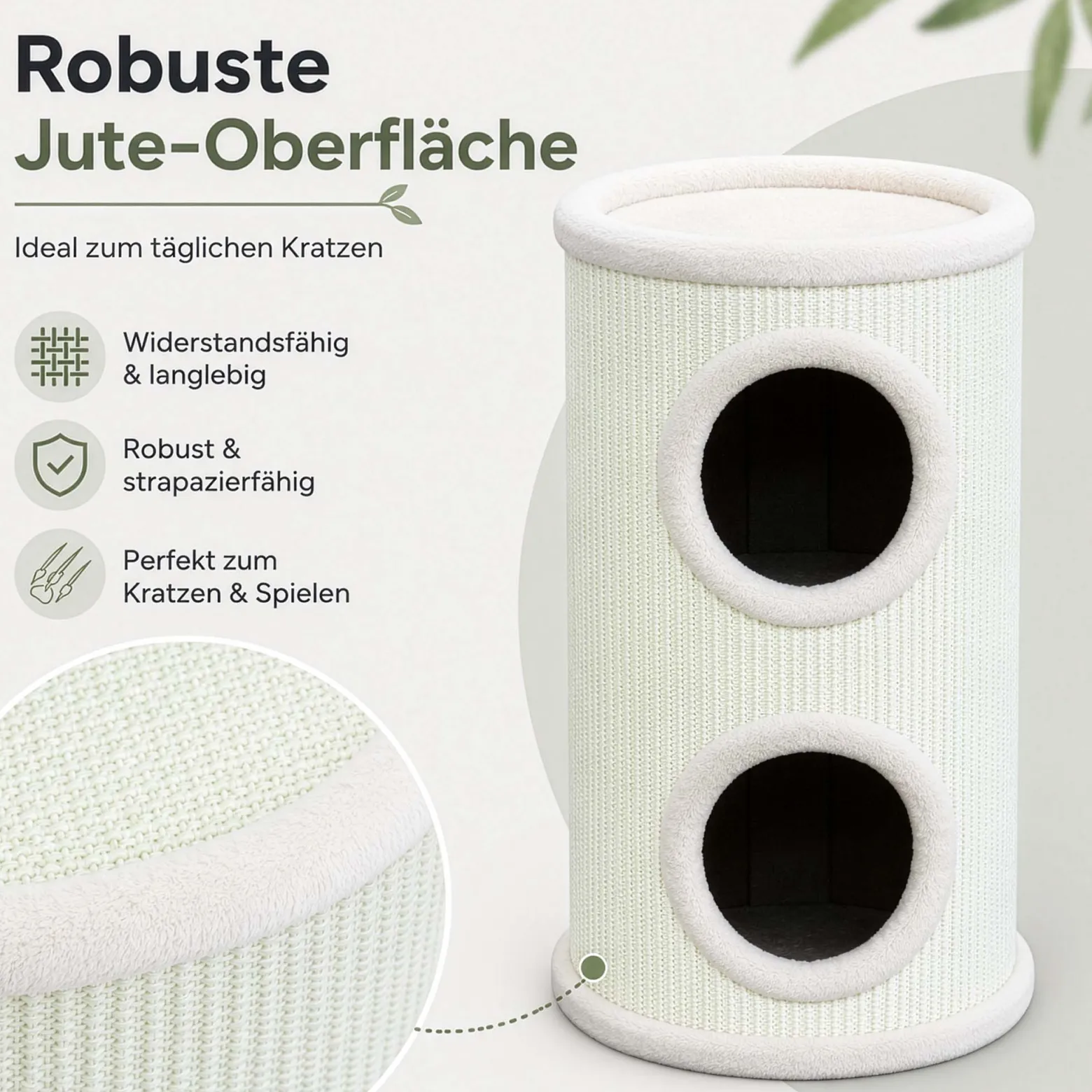 Fudajo Forest Kratztonne weiß-cremefarben Höhe 106 cm Ø 40 cm inkl. Kissen, Katzentonne mit 3 Eingängen