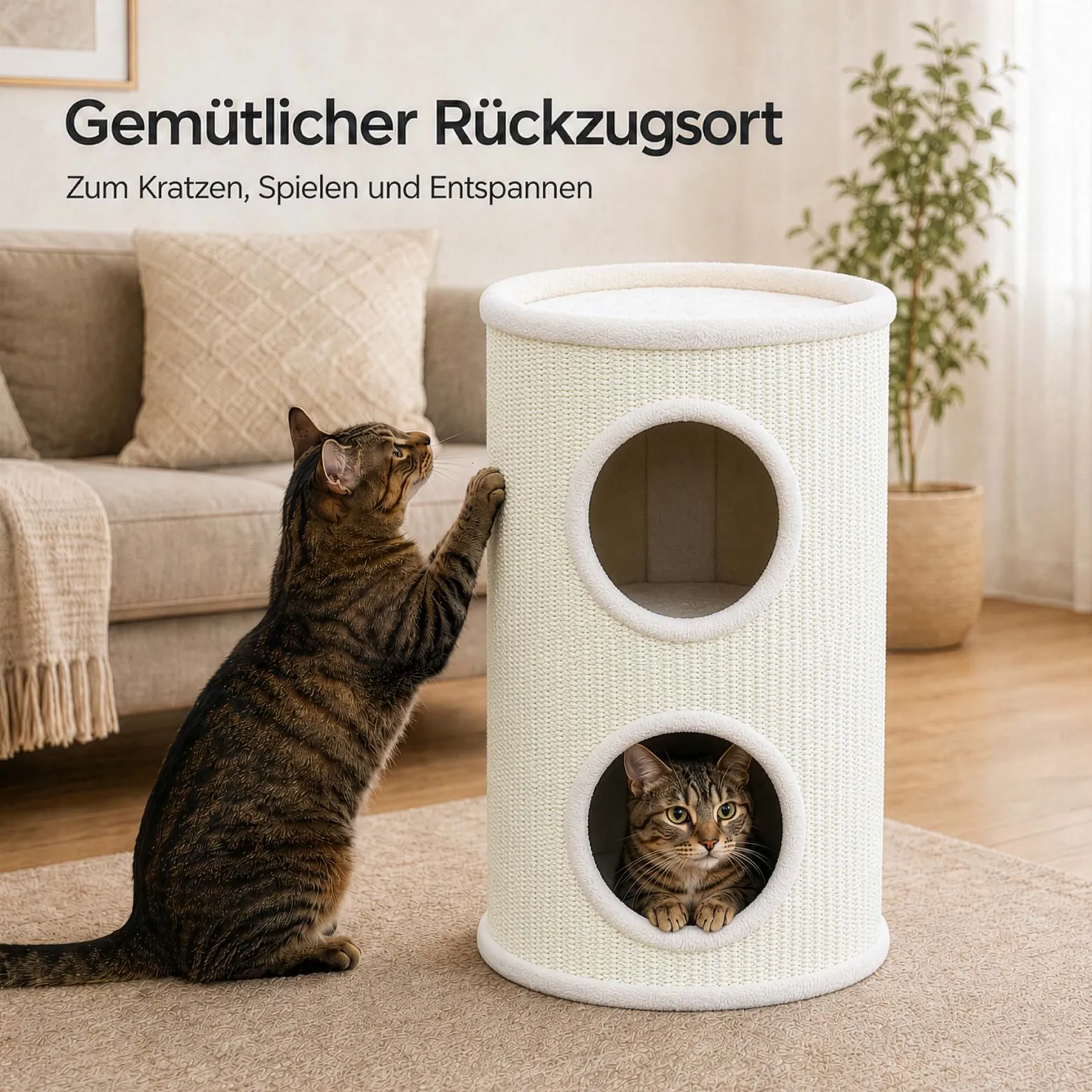 Fudajo Forest Kratztonne weiß-cremefarben Höhe 106 cm Ø 40 cm inkl. Kissen, Katzentonne mit 3 Eingängen