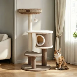 Fudajo Forest Lodge 117 cm Kratzbaum beige, Katzenbaum mit Katzenhaus, Katzenbett, Massageelement und Papierseil-Kratzstämmen