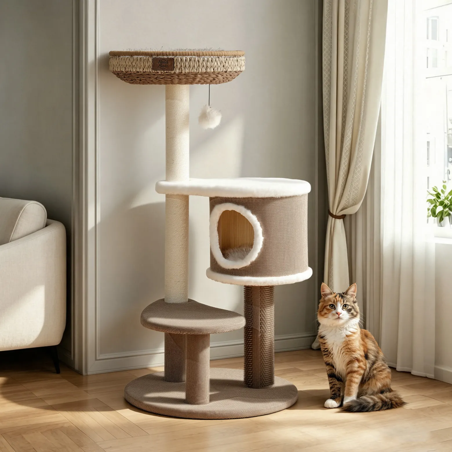 Fudajo Forest Lodge 117 cm Kratzbaum beige, Katzenbaum mit Katzenhaus, Katzenbett, Massageelement und Papierseil-Kratzstämmen