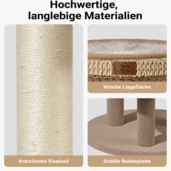 Fudajo Forest Lodge 117 cm Kratzbaum beige, Katzenbaum mit Katzenhaus, Katzenbett, Massageelement und Papierseil-Kratzstämmen