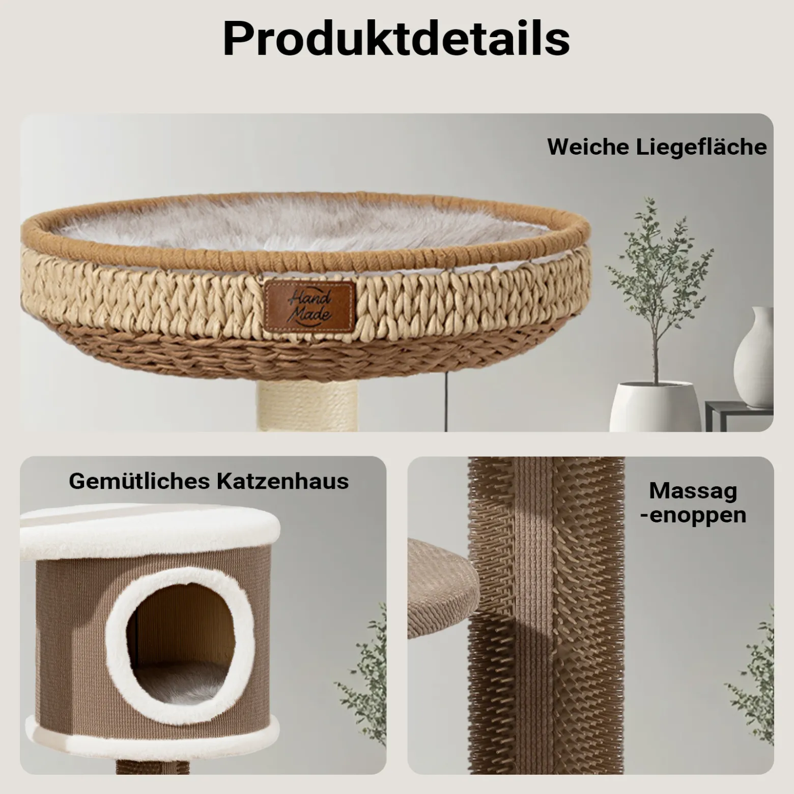 Fudajo Forest Lodge 117 cm Kratzbaum beige, Katzenbaum mit Katzenhaus, Katzenbett, Massageelement und Papierseil-Kratzstämmen