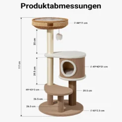 Fudajo Forest Lodge 117 cm Kratzbaum beige, Katzenbaum mit Katzenhaus, Katzenbett, Massageelement und Papierseil-Kratzstämmen