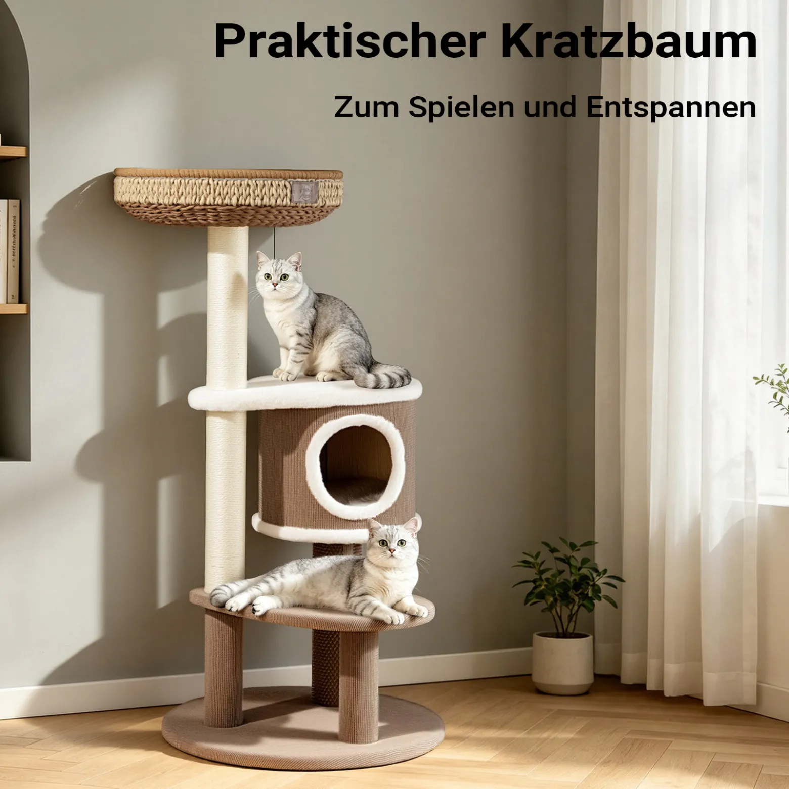Fudajo Forest Lodge 117 cm Kratzbaum beige, Katzenbaum mit Katzenhaus, Katzenbett, Massageelement und Papierseil-Kratzstämmen