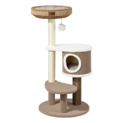 Fudajo Forest Lodge 117 cm Kratzbaum beige, Katzenbaum mit Katzenhaus, Katzenbett, Massageelement und Papierseil-Kratzstämmen