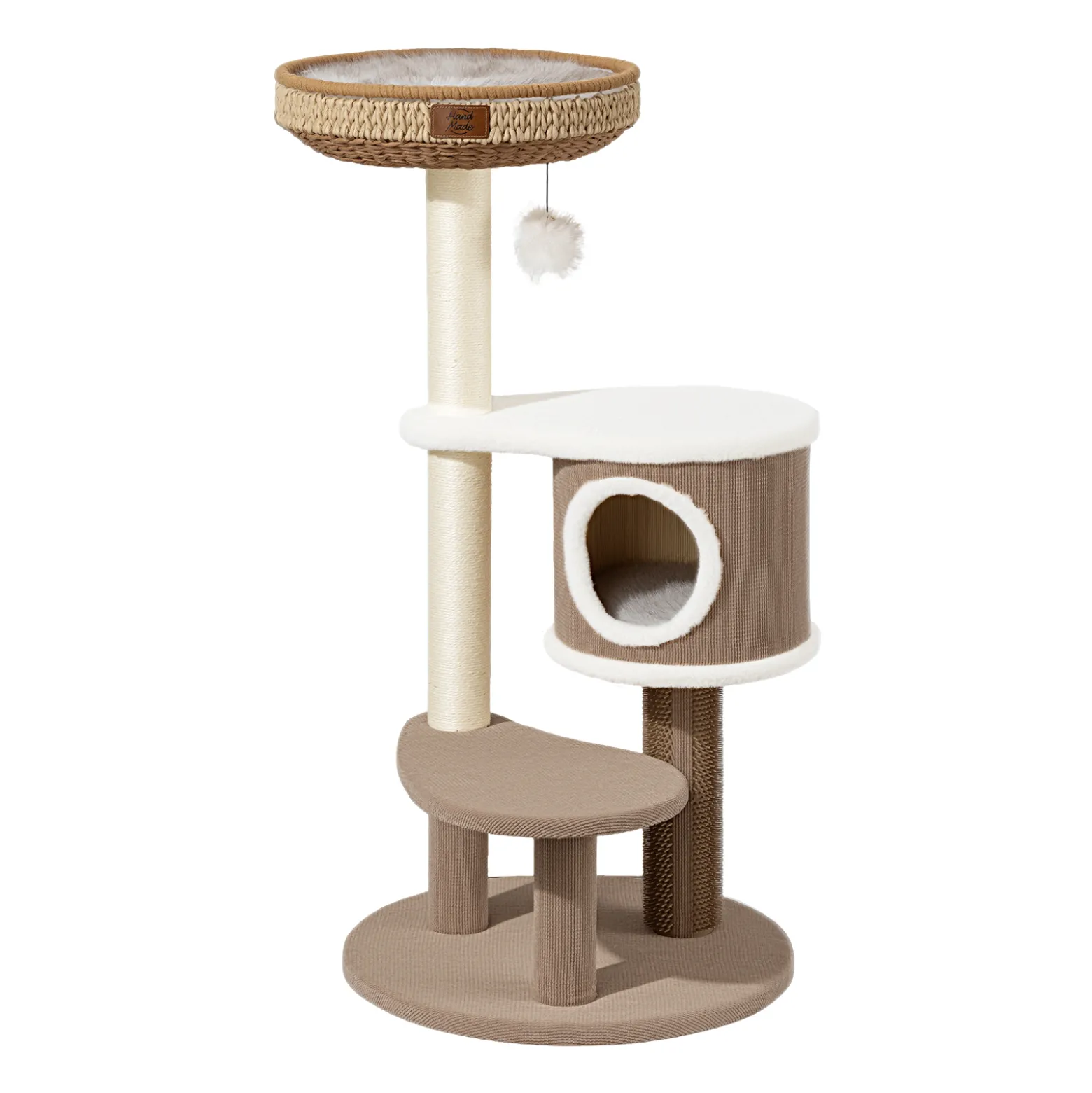 Fudajo Forest Lodge 117 cm Kratzbaum beige, Katzenbaum mit Katzenhaus, Katzenbett, Massageelement und Papierseil-Kratzstämmen