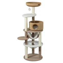 Fudajo Forest Lodge 168 cm Kratzbaum beige, Katzenbaum mit Katzenhaus, Katzenbett, Hängematte, transparente Liegemulde und Papierseil-Kratzstämmen