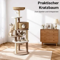 Fudajo Forest Lodge 168 cm Kratzbaum beige, Katzenbaum mit Katzenhaus, Katzenbett, Hängematte, transparente Liegemulde und Papierseil-Kratzstämmen