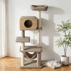 Fudajo Forest Oak 152 cm Kratzbaum beige, Katzenkratzbaum mit Katzenhaus, Hängematte und Sisal, Katzenbaum mit Massageelement