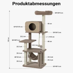 Fudajo Forest Oak 152 cm Kratzbaum beige, Katzenkratzbaum mit Katzenhaus, Hängematte und Sisal, Katzenbaum mit Massageelement