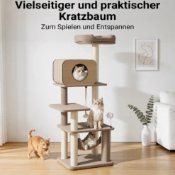 Fudajo Forest Oak 152 cm Kratzbaum beige, Katzenkratzbaum mit Katzenhaus, Hängematte und Sisal, Katzenbaum mit Massageelement