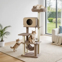 Fudajo Forest Oak 152 cm Kratzbaum beige, Katzenkratzbaum mit Katzenhaus, Hängematte und Sisal, Katzenbaum mit Massageelement
