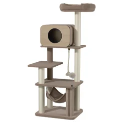 Fudajo Forest Oak 152 cm Kratzbaum beige, Katzenkratzbaum mit Katzenhaus, Hängematte und Sisal, Katzenbaum mit Massageelement