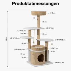 Fudajo Forest Oak 138 cm Kratzbaum beige, Katzenkratzbaum mit Katzenhaus, Katzenbetten und Papierseil-Kratzstämmen, Katzenbaum mit Massageelement