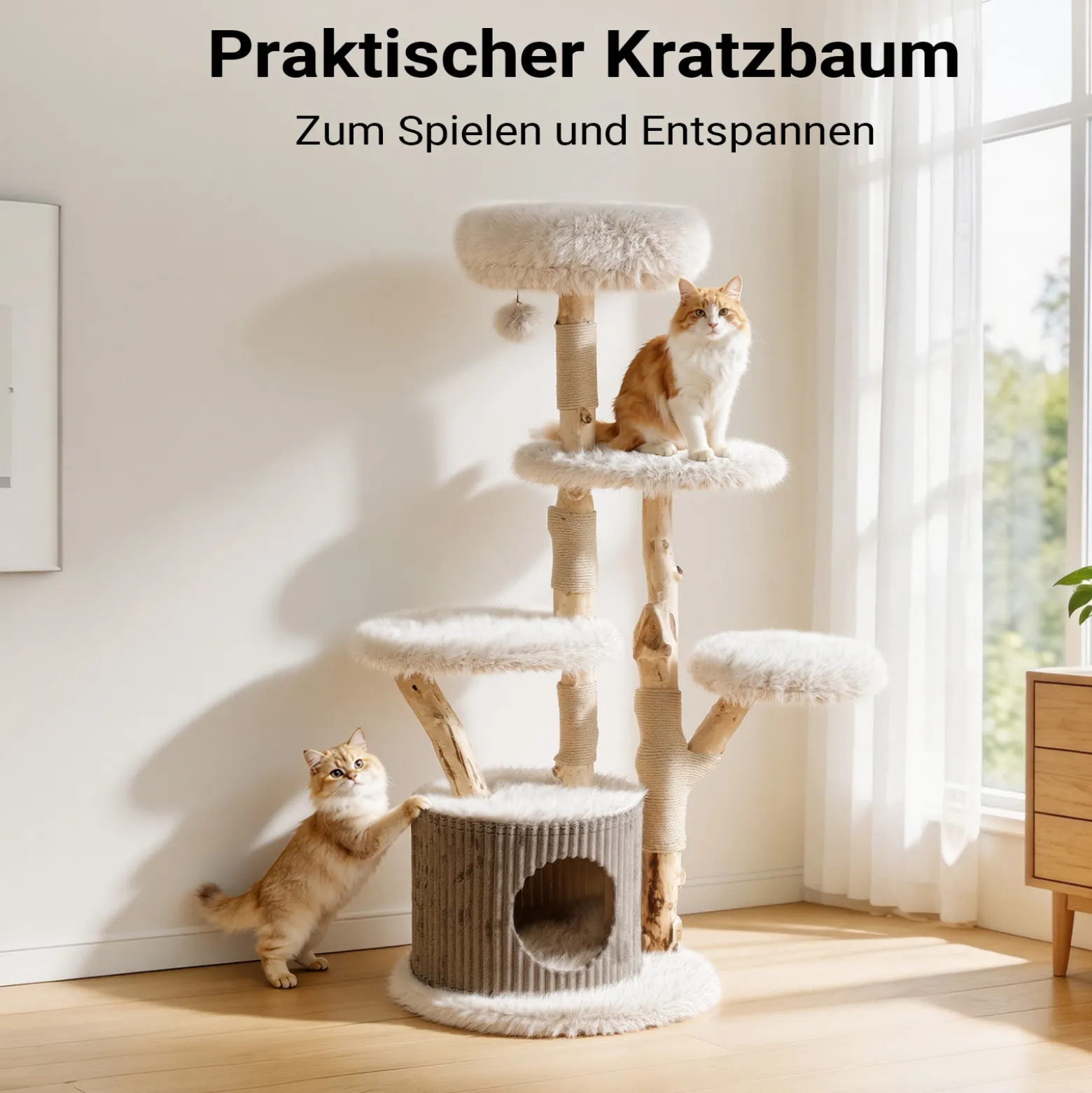 Fudajo Forest Tree 146 cm Kratzbaum natur, Katzenbaum in Holzoptik mit Katzenhaus, Katzenbett und Spielball