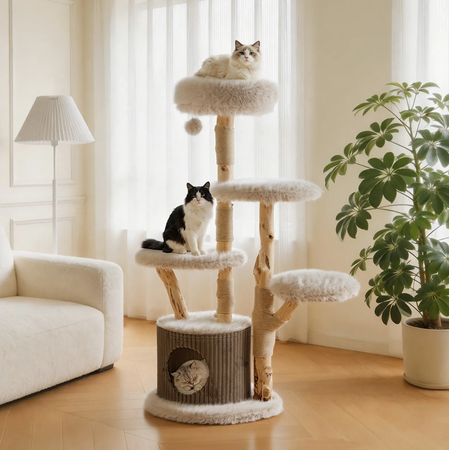 Fudajo Forest Tree 146 cm Kratzbaum natur, Katzenbaum in Holzoptik mit Katzenhaus, Katzenbett und Spielball