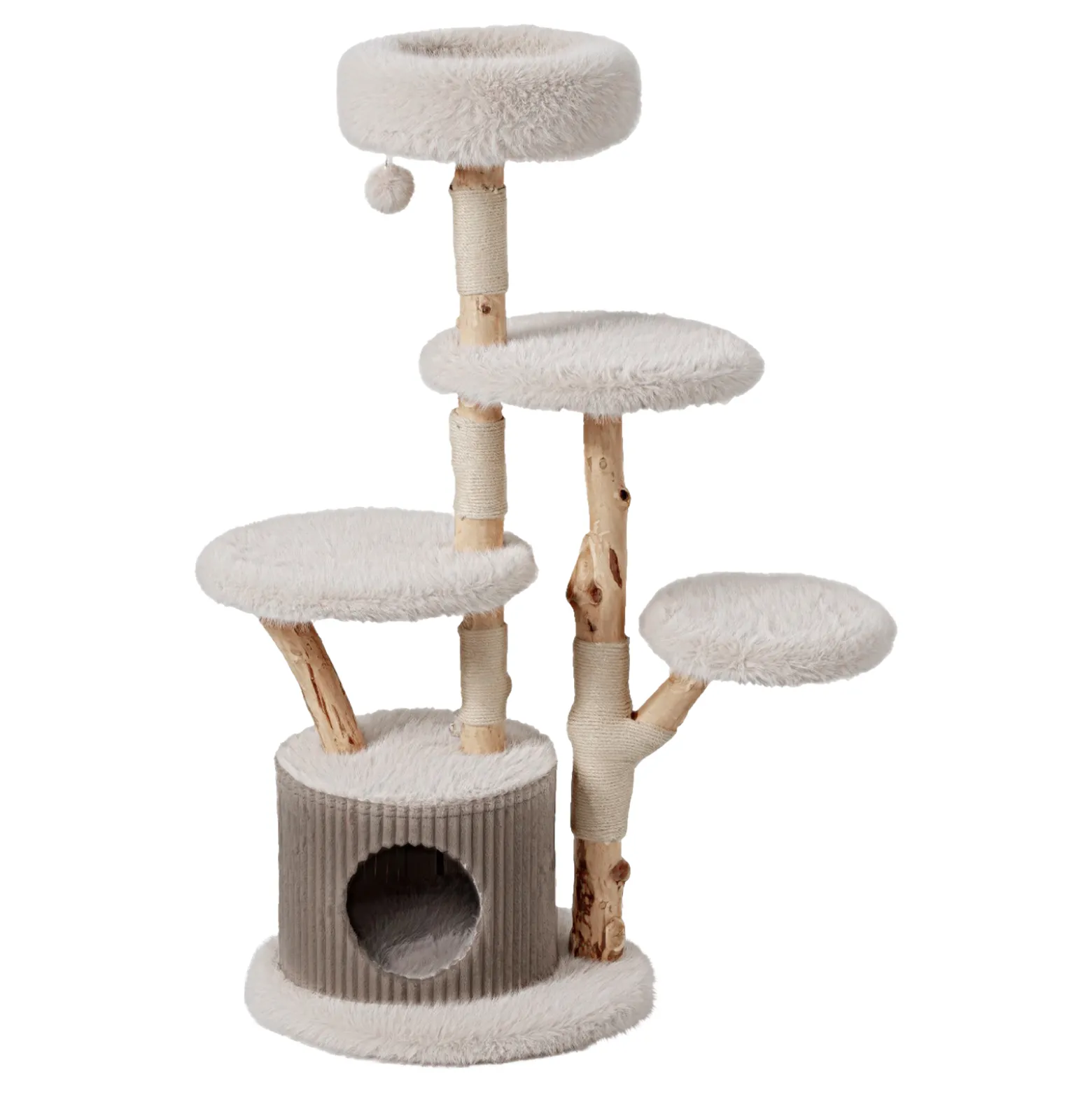 Fudajo Forest Tree 146 cm Kratzbaum natur, Katzenbaum in Holzoptik mit Katzenhaus, Katzenbett und Spielball