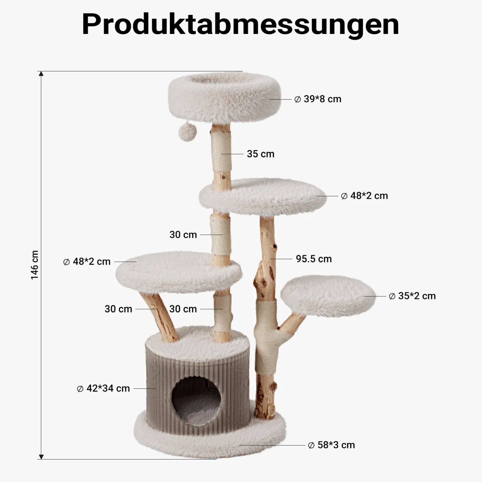 Fudajo Forest Tree 146 cm Kratzbaum natur, Katzenbaum in Holzoptik mit Katzenhaus, Katzenbett und Spielball