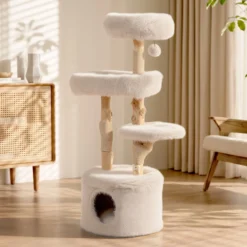 Fudajo Forest Tree 137 cm Kratzbaum natur, Katzenbaum in Holzoptik mit Katzenhaus, Katzenbetten und Spielball