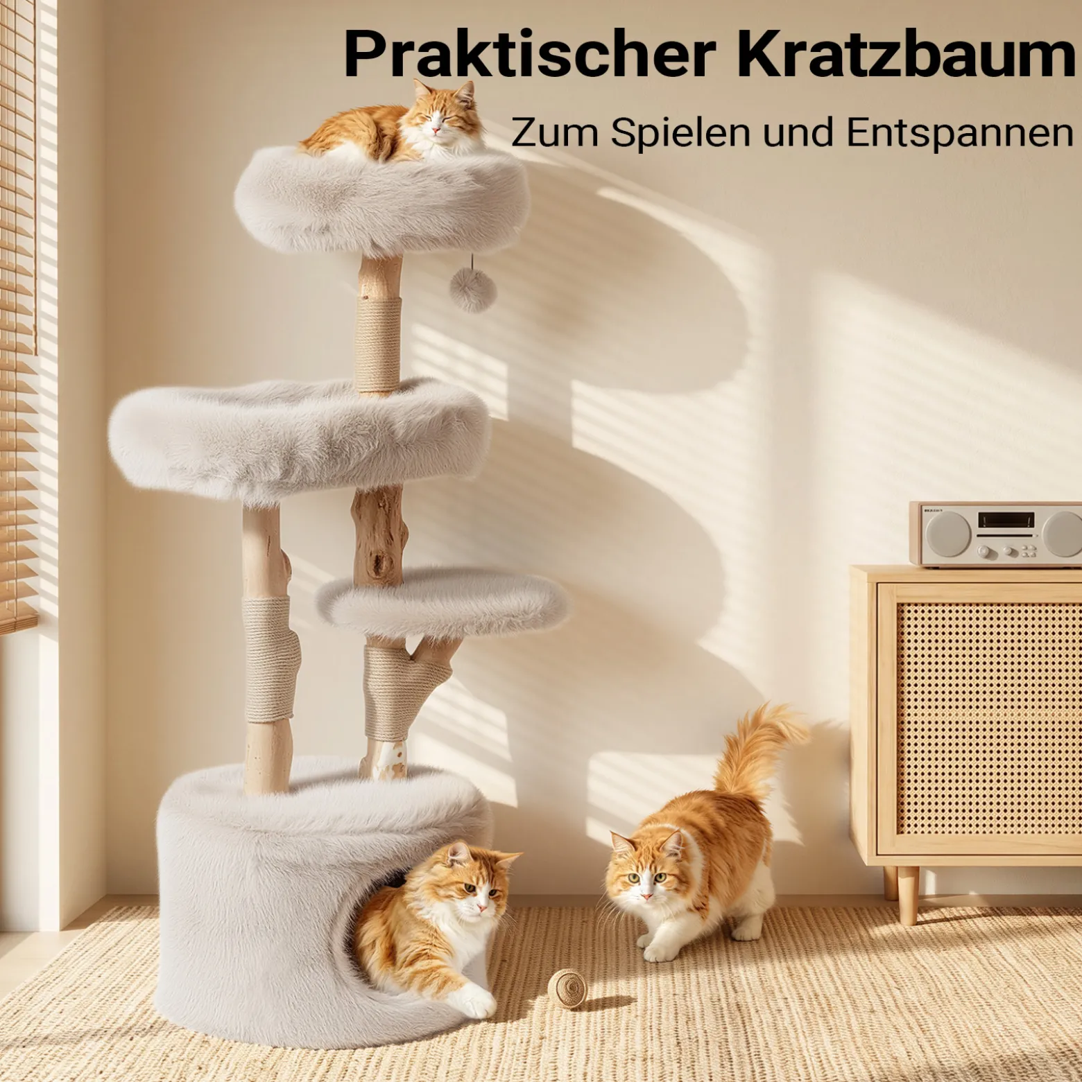 Fudajo Forest Tree 137 cm Kratzbaum natur, Katzenbaum in Holzoptik mit Katzenhaus, Katzenbetten und Spielball