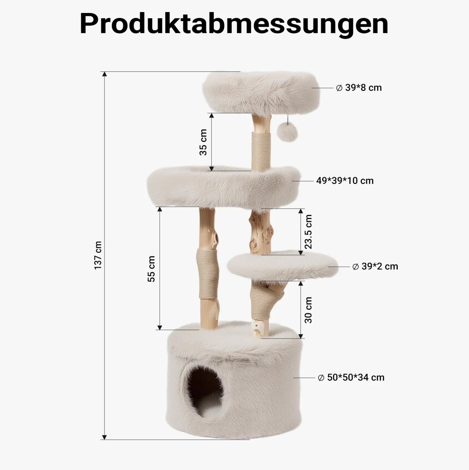 Fudajo Forest Tree 137 cm Kratzbaum natur, Katzenbaum in Holzoptik mit Katzenhaus, Katzenbetten und Spielball