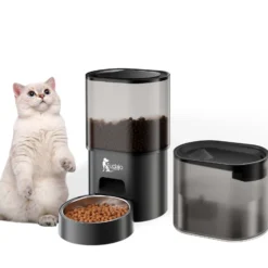 Fudajo Futter- und Trinkautomat für Katzen & Hunde in Schwarz, 3 L Futterspender und 2,5 L Trinkbrunnen, Fütterung mit App-Steuerung für Trockenfutter