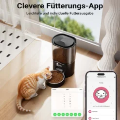 Fudajo Futter- und Trinkautomat für Katzen & Hunde in Schwarz, 3 L Futterspender und 2,5 L Trinkbrunnen, Fütterung mit App-Steuerung für Trockenfutter