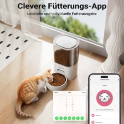 Fudajo Futter- und Trinkautomat für Katzen & Hunde in Weiß, 3 L Futterspender und 2,5 L Trinkbrunnen, Fütterung mit App-Steuerung für Trockenfutter