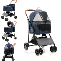 Fudajo 2in1 Hundebuggy zusammenklappbar in Blau, Hundewagen mit abnehmbarer Hundetragetasche, für kleine bis mittlere Hunde und Katzen