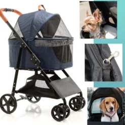 Fudajo 2in1 Hundebuggy zusammenklappbar in Blau, Hundewagen mit abnehmbarer Hundetragetasche, für kleine bis mittlere Hunde und Katzen