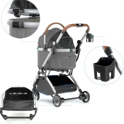 Fudajo 2in1 Hundebuggy zusammenklappbar in Grau, Hundewagen aus Aluminium mit abnehmbarer Hundetragetasche, für kleine bis mittlere Hunde und Katzen