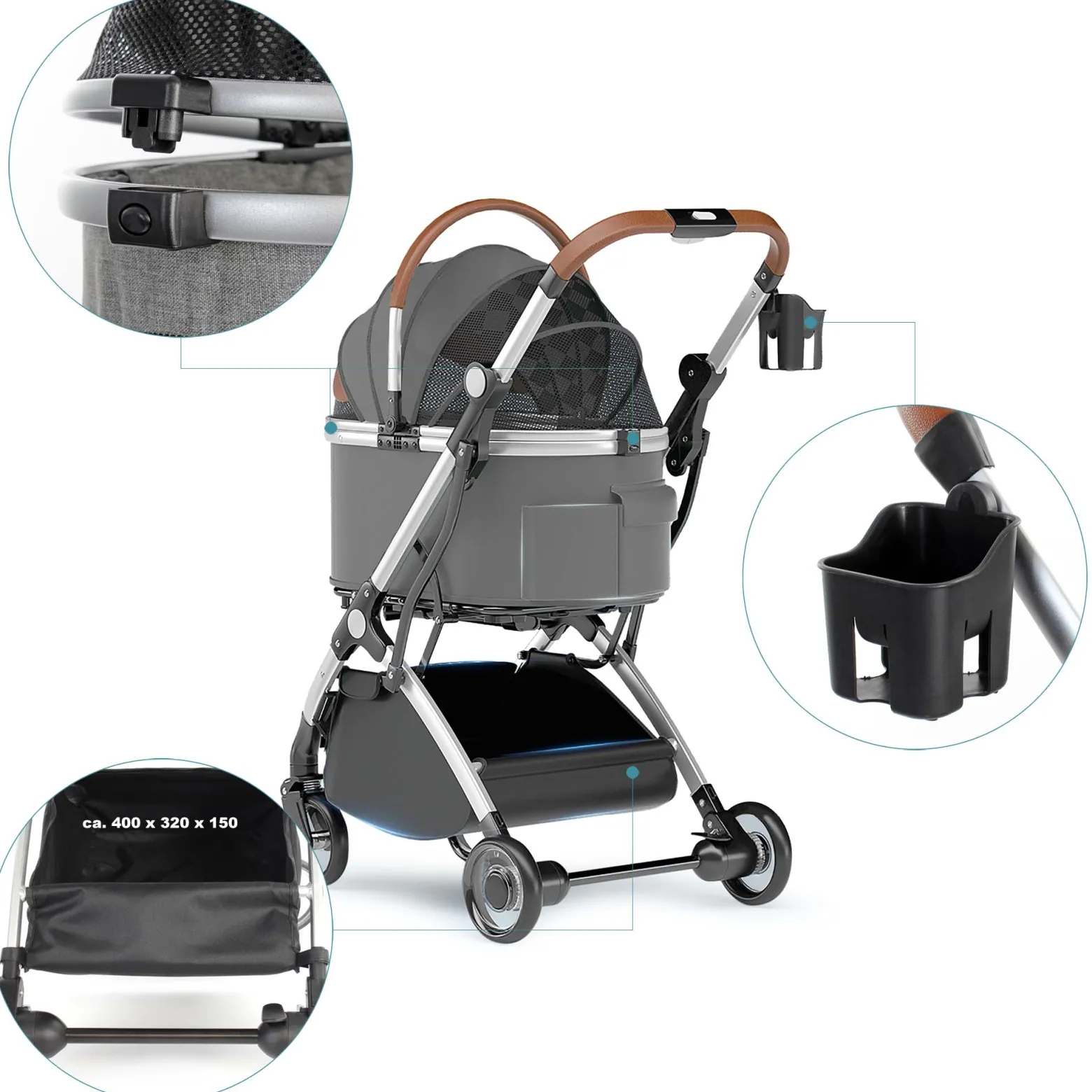 Fudajo 2in1 Hundebuggy zusammenklappbar in Grau, Hundewagen aus Aluminium mit abnehmbarer Hundetragetasche, für kleine bis mittlere Hunde und Katzen