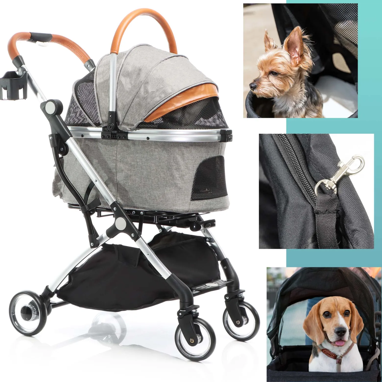 Fudajo 2in1 Hundebuggy zusammenklappbar in Grau, Hundewagen aus Aluminium mit abnehmbarer Hundetragetasche, für kleine bis mittlere Hunde und Katzen