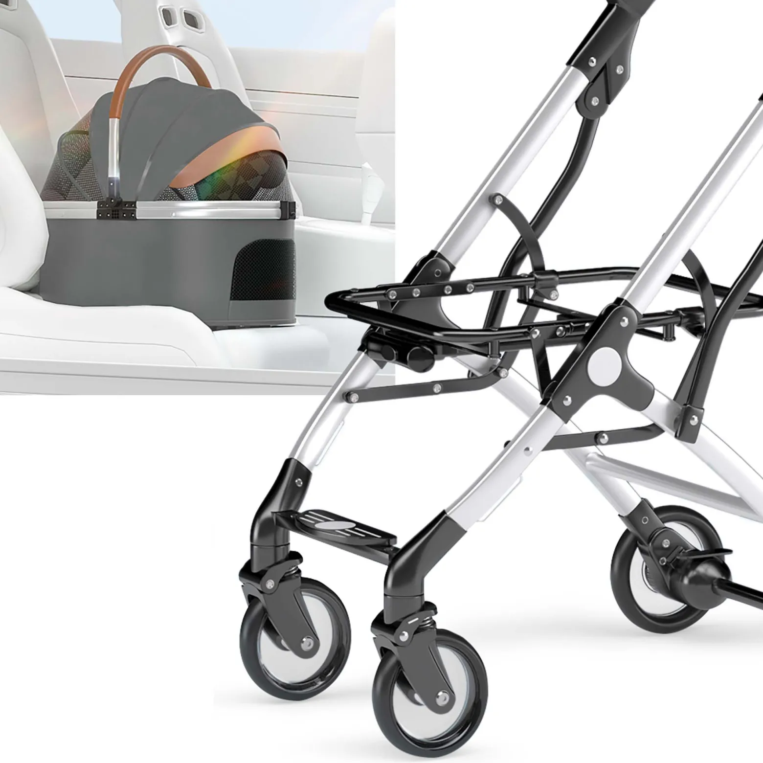 Fudajo 2in1 Hundebuggy zusammenklappbar in Grau, Hundewagen aus Aluminium mit abnehmbarer Hundetragetasche, für kleine bis mittlere Hunde und Katzen